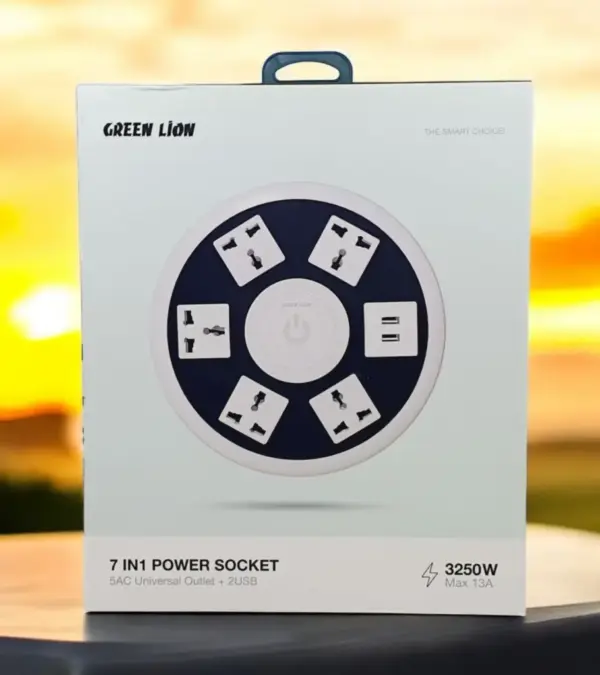 GREEN LION 7-IN-1 POWER SOCKET |5 AC UNIVERSAL OUTLET + 2 USB | 3250W MAX 13A